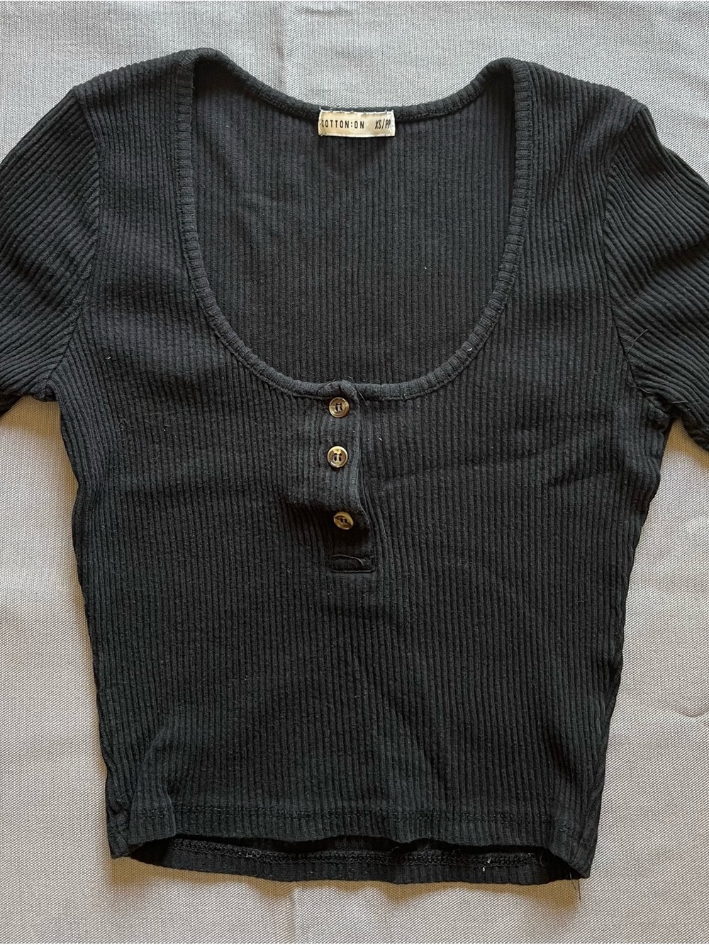 Cotton On Black Ribbed Scoop-Neck Button Crop Top